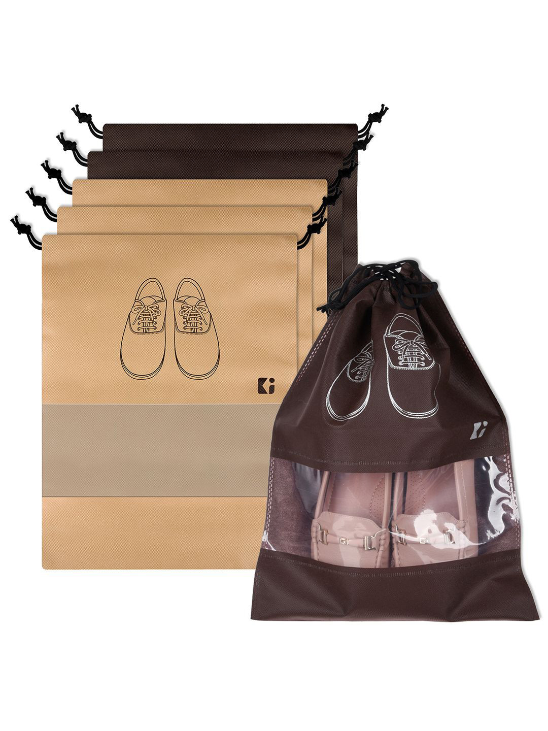 Kuber Industries Beige and Coffee Brown 6 Pieces Printed Shoe Cover Bags