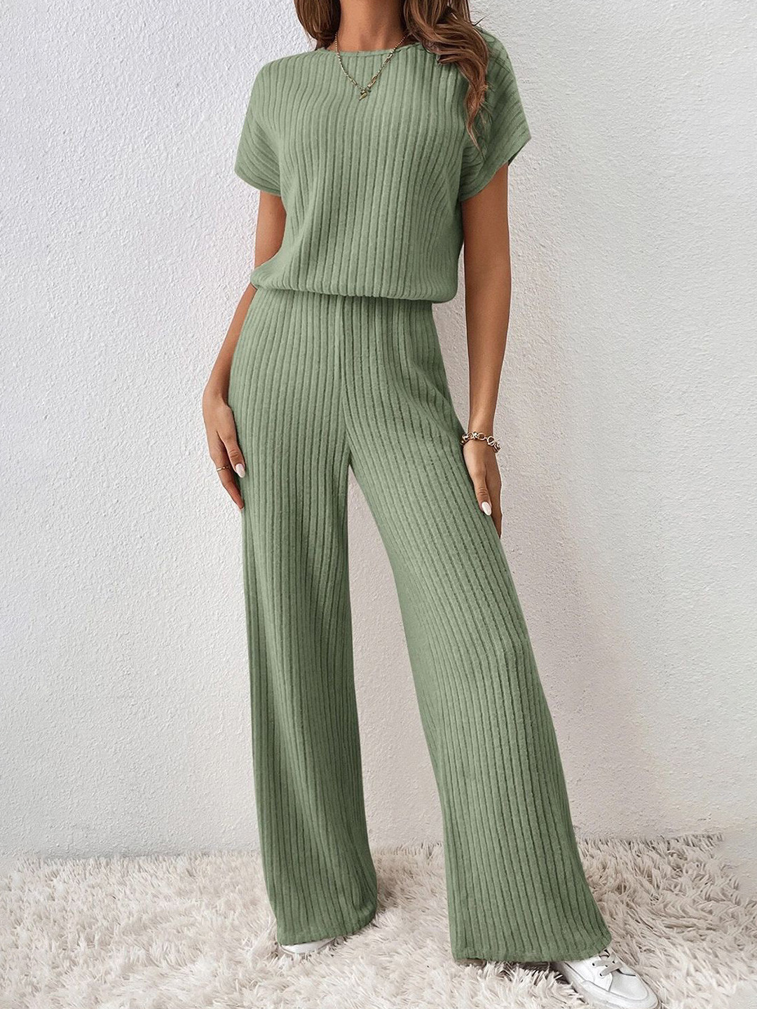 Errabelly Women Grass Green solid color ribbed short sleeve wide leg jumpsuit