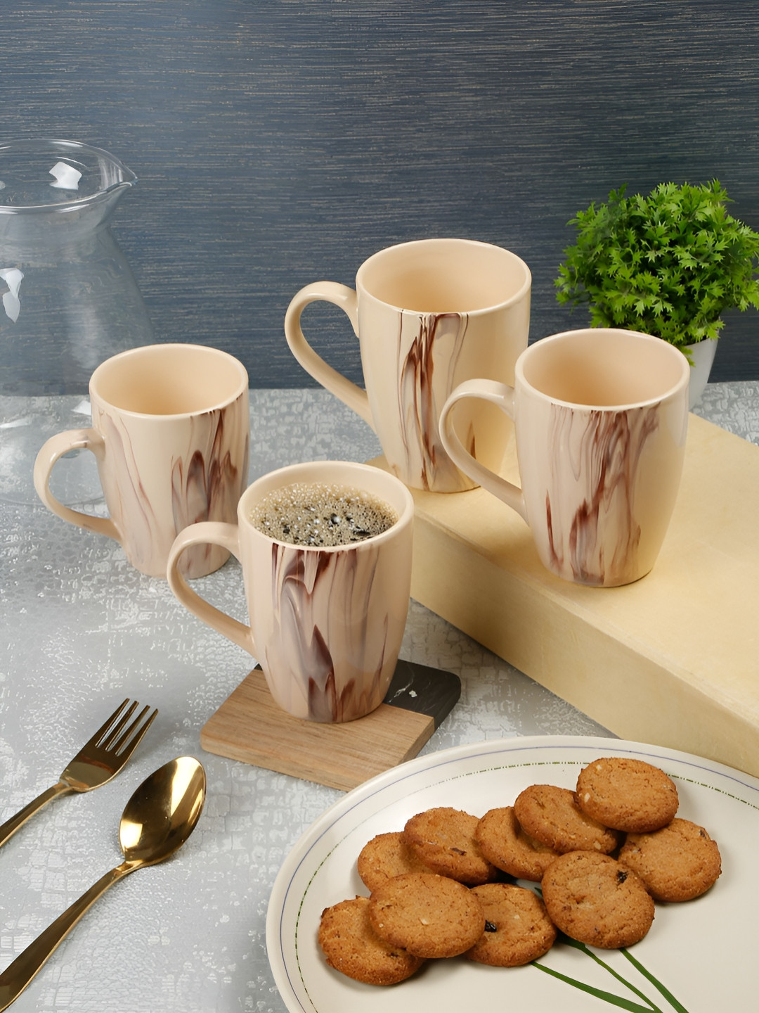 Arrabi Promise Of Love Beige Abstract Ceramic Dishwasher Safe 4 Piece Mugs-300ml