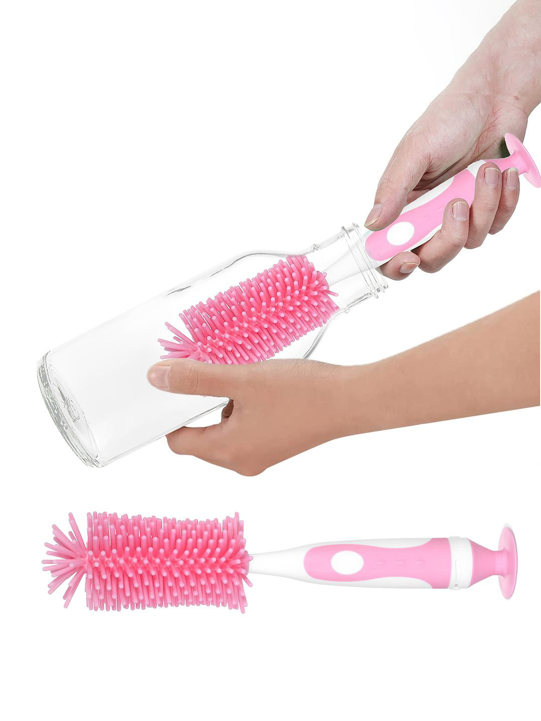 Kuber Industries Pink & White 2 Pieces Silicone Detachable Bottle Cleaning Brushes