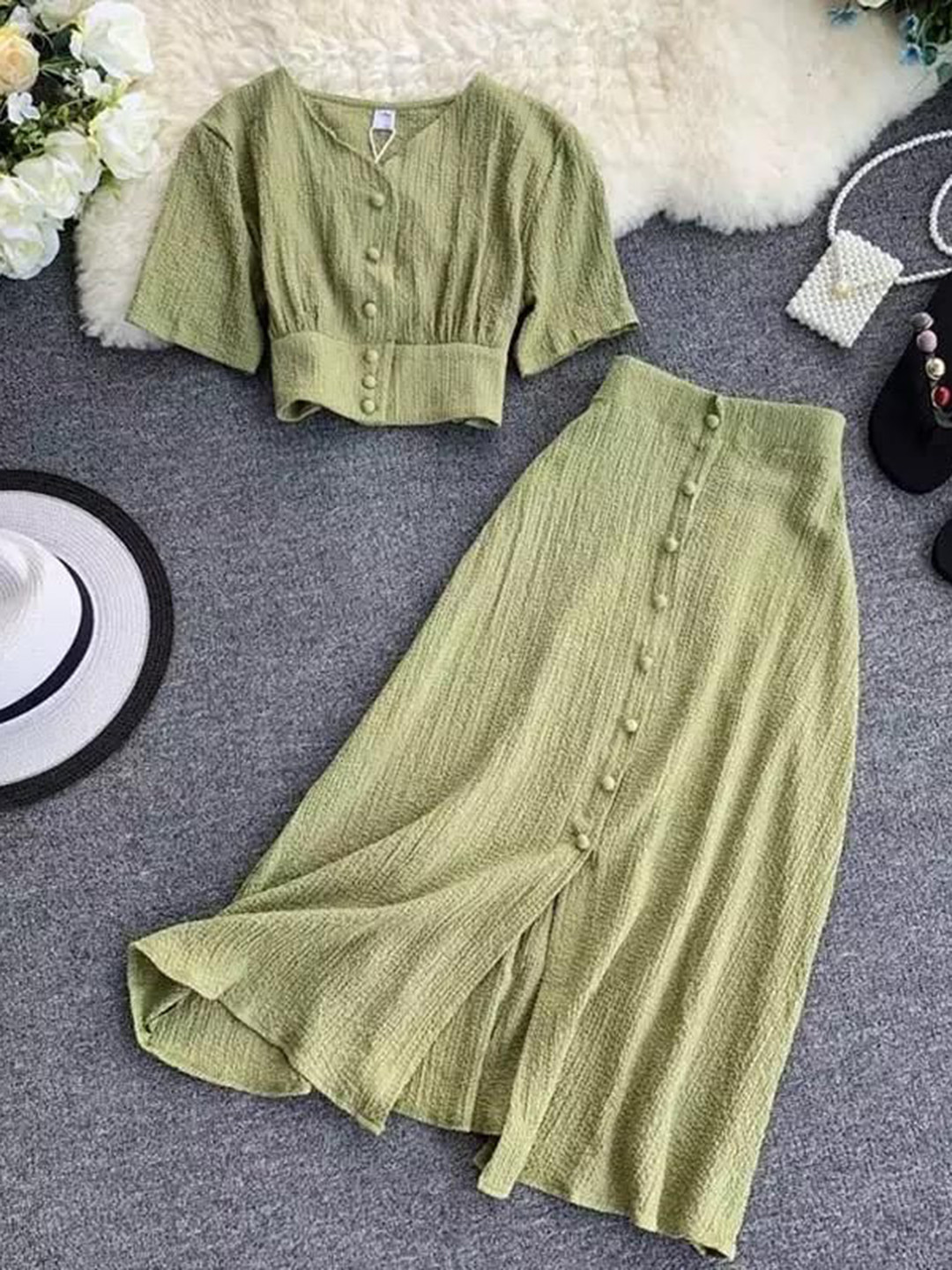 Miss Mosa By Akanksha  Green Roger Buttoned Co-Ord Sets