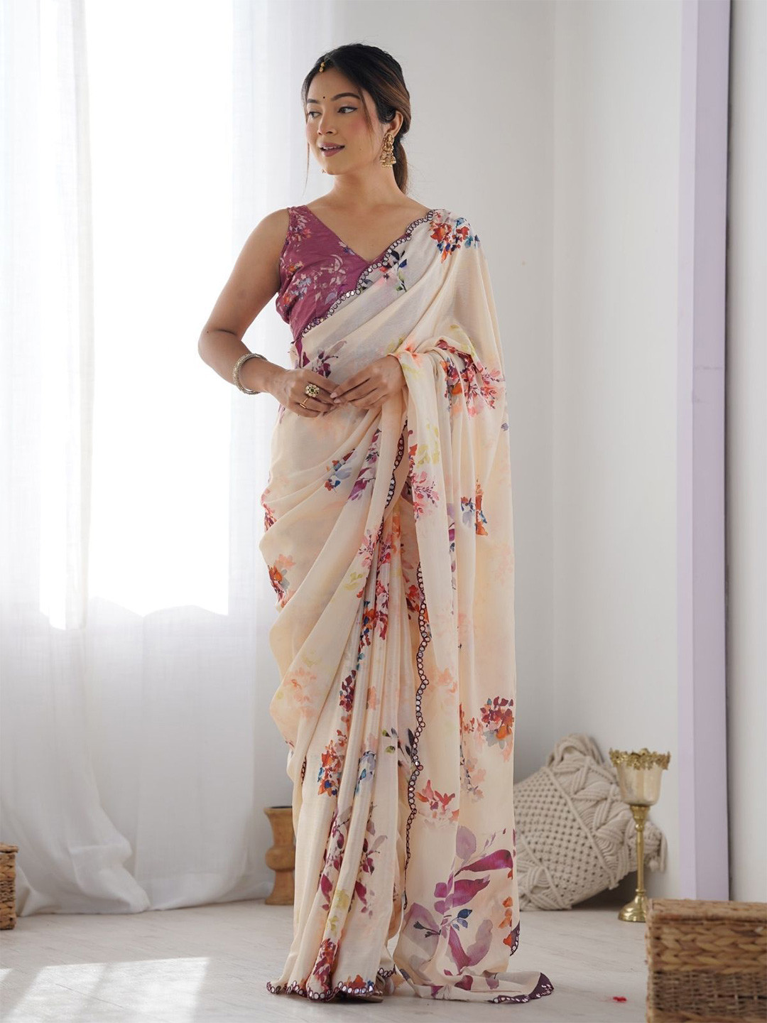 ODETTE Cream Chinon Printed Saree With Unstitched Blouse For Women