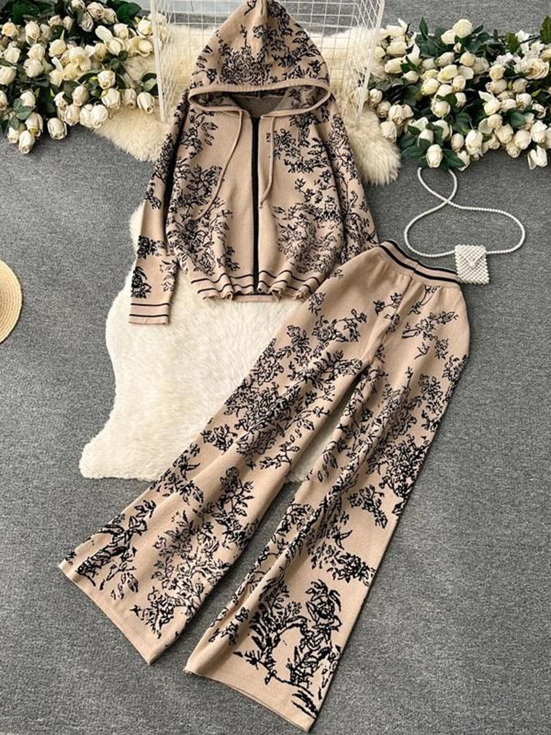 Miss Mosa By Akanksha  Brown Fary Floral Woolen Co-Ord Set