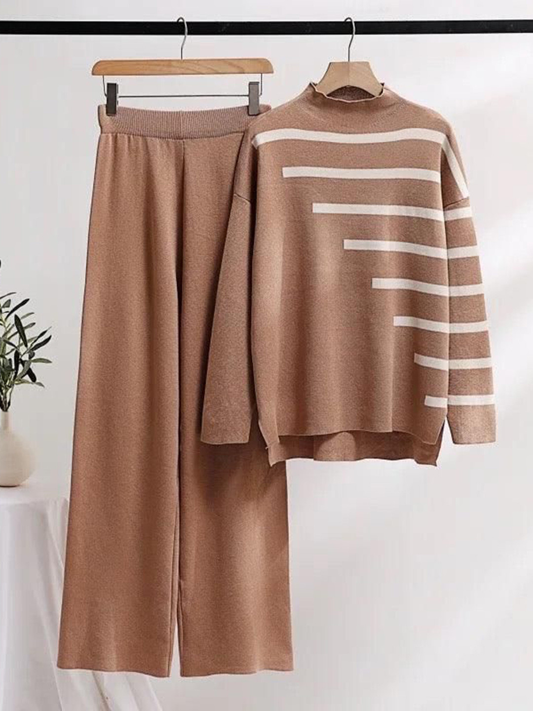 Miss Mosa By Akanksha  Brown Mario Striped Woolen Co-Ord Set