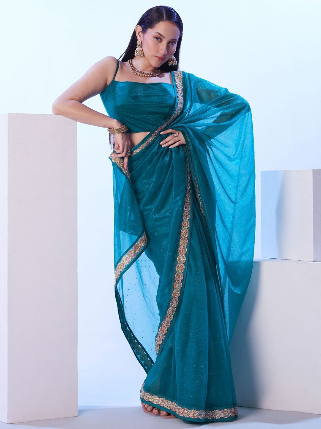 ODETTE Women Blue Net Embellished Lace Work Saree With Unstitched Blouse