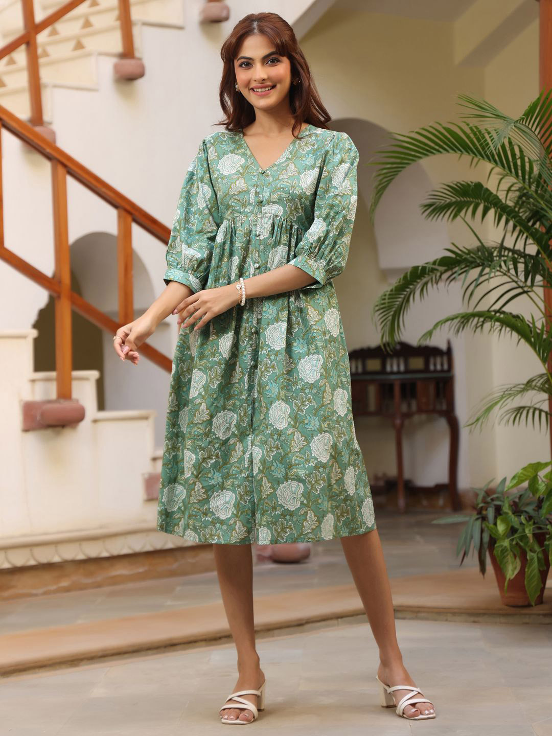 Janasya Women Sage Green Pure Cotton Floral Printed A-Line Dress