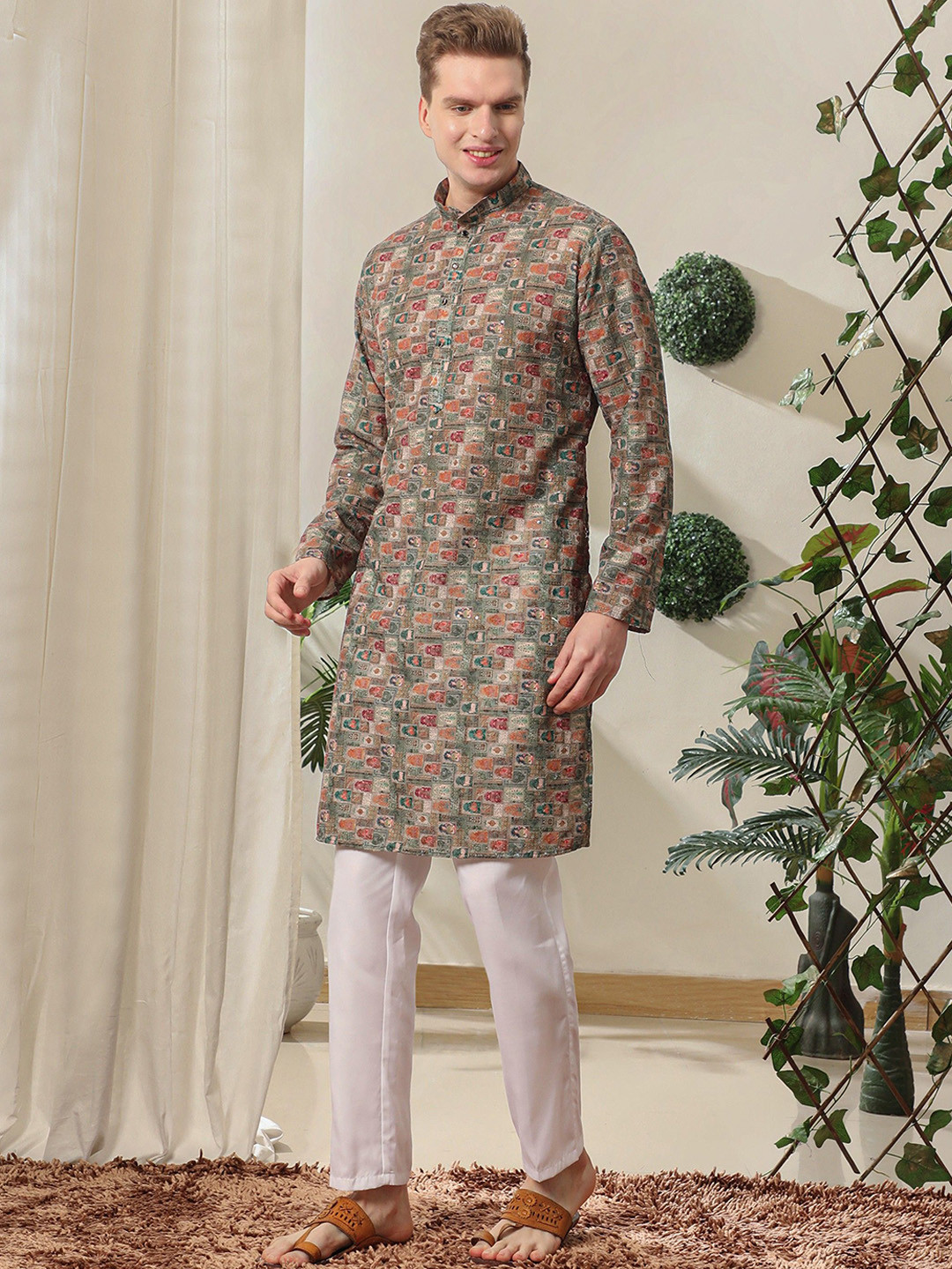 Pro-Ethic STYLE DEVELOPER Ethnic Motif Printed Mandarin Collar Pure Cotton Kurta & Trouser