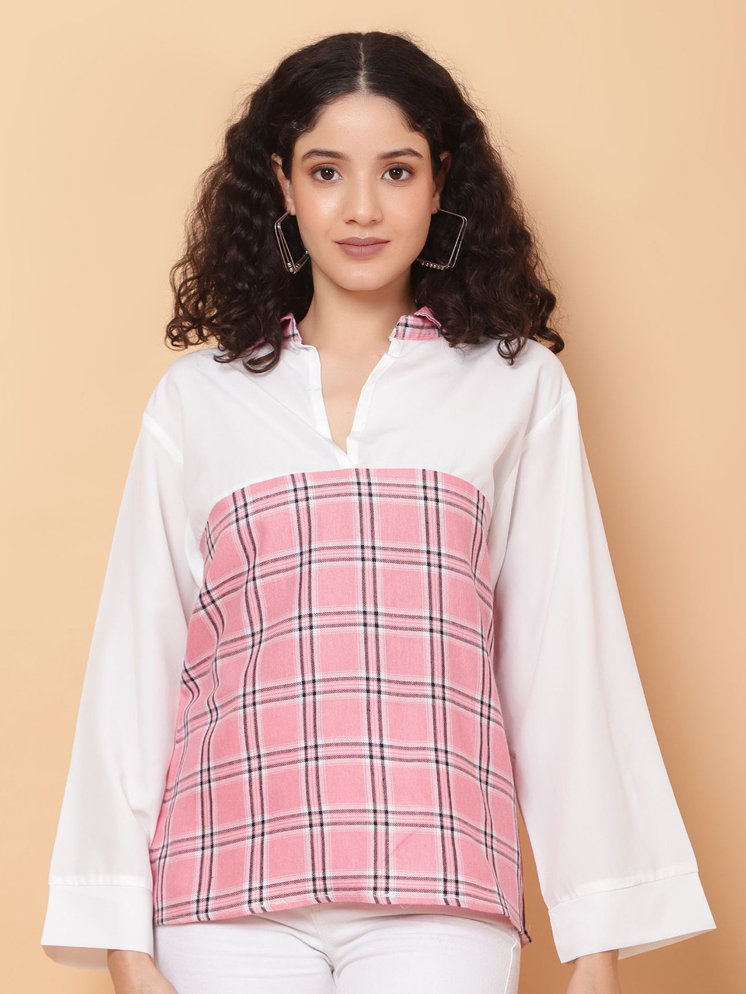 ROSEMELON Women Checked Shirt Collar Shirt Style Top