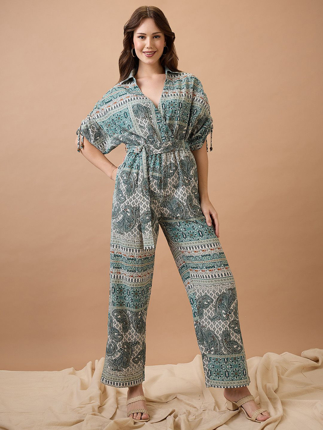 Globus Collared Neck Ruched Extended Sleeves Waist Tie-Ups Long Line Fusion Jumpsuit