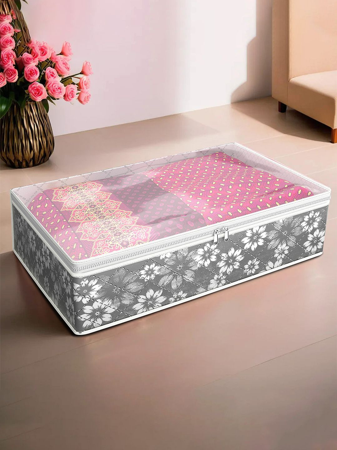 Kuber Industries Grey Flower Quilted Printed With Top Visible Window Organiser