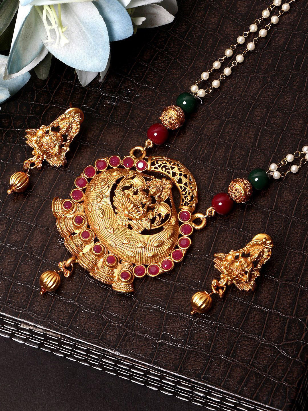 Anouk Gold Plated And Red Stones Studded & Beaded Goddess Maa Laxmi Necklace And Earrings