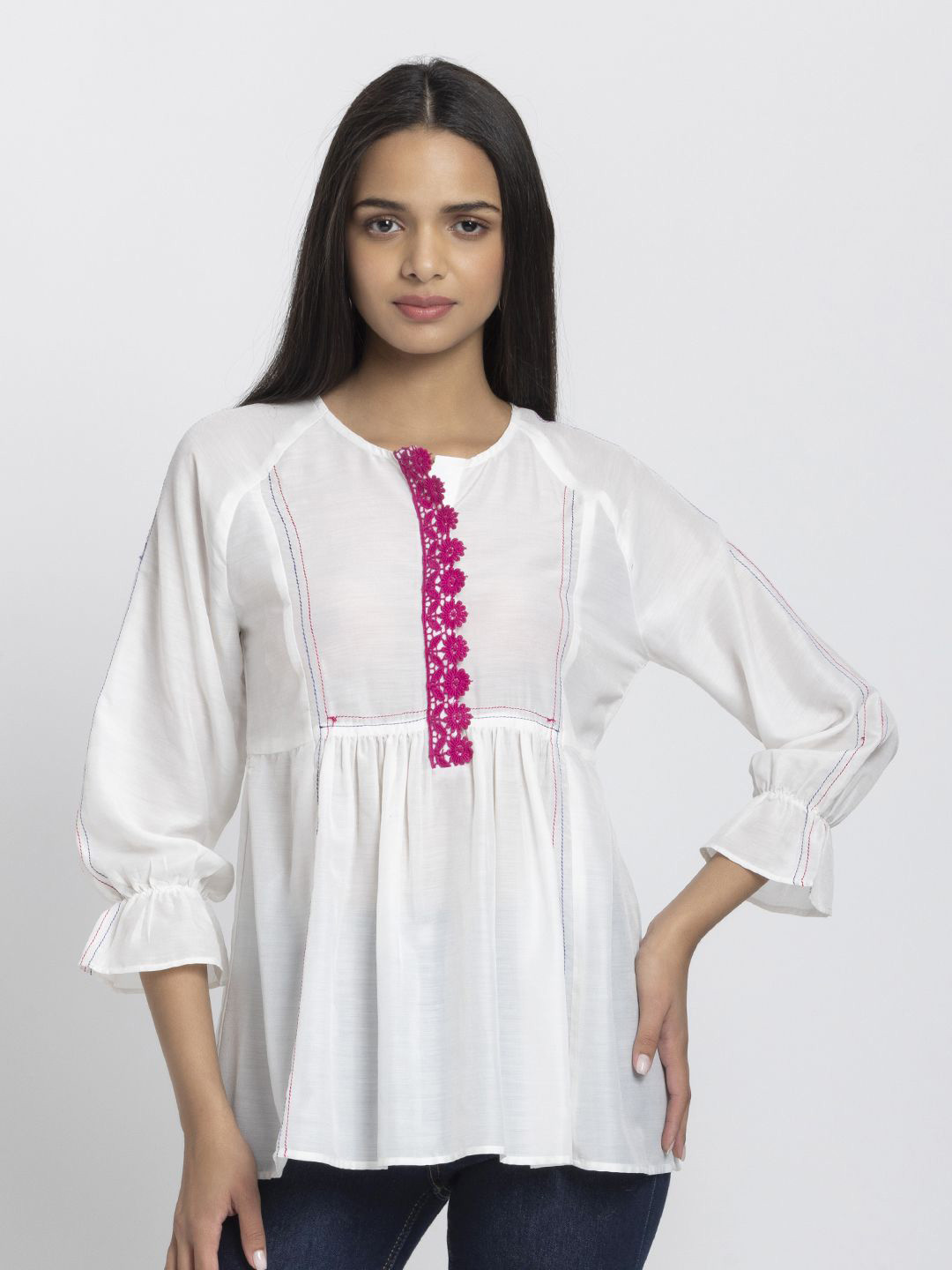 SHAYE Women Round Neck White Kantha Stitch Detailing Long Sleeves Ethnic Kurtis