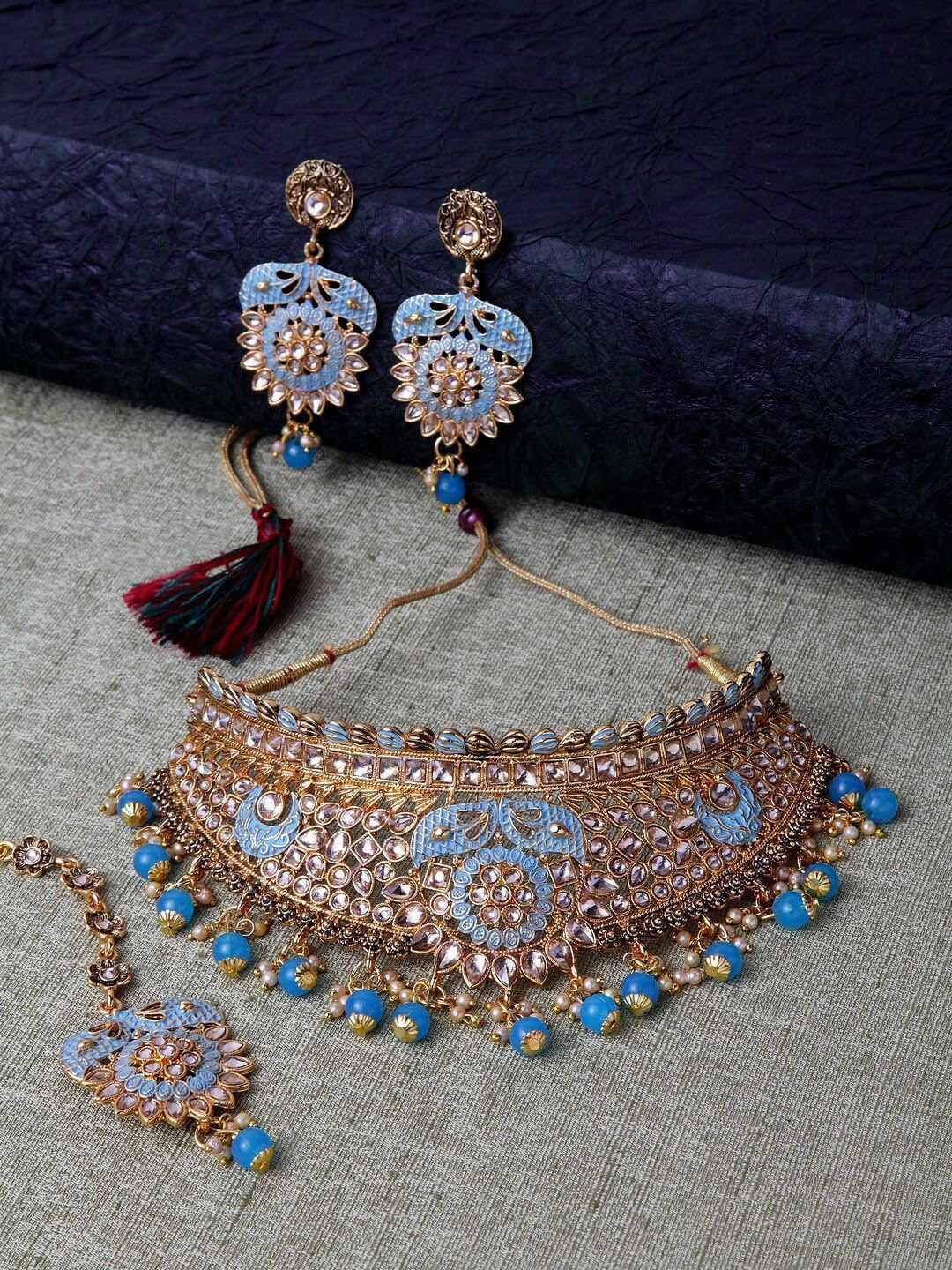 Anouk Blue Gold-Plated Artificial Stones & Beads Beaded Chokar With Earrings & Maang Tika