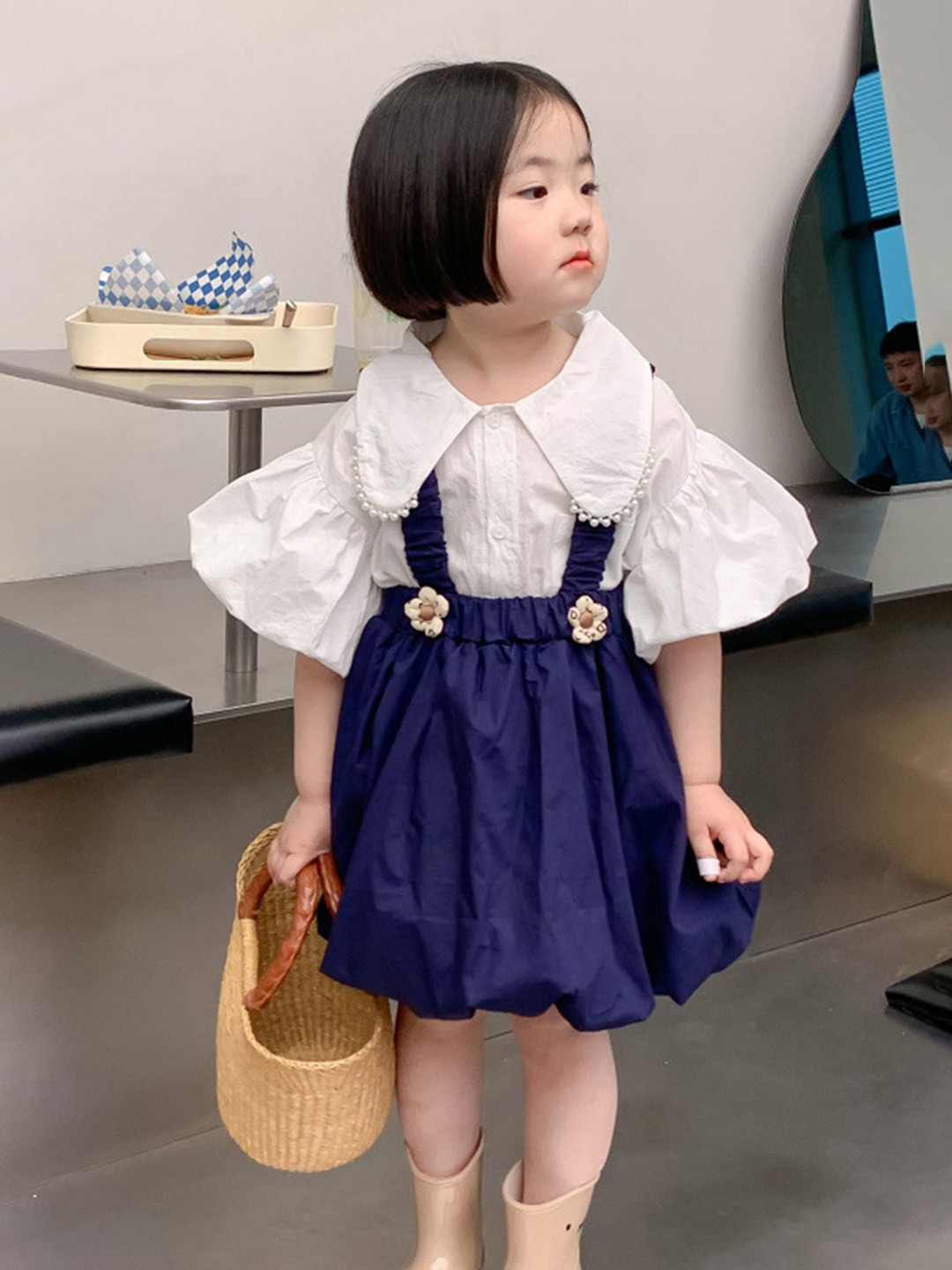 LULU & SKY Girls Cotton Peter Pan Collar Balloon Above Knee Dress