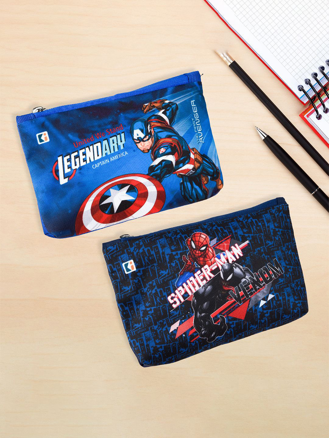 Kuber Industries Navy Blue & Red Pack of 2 Marvel Square Pencil Pouch for Kids with Zipper