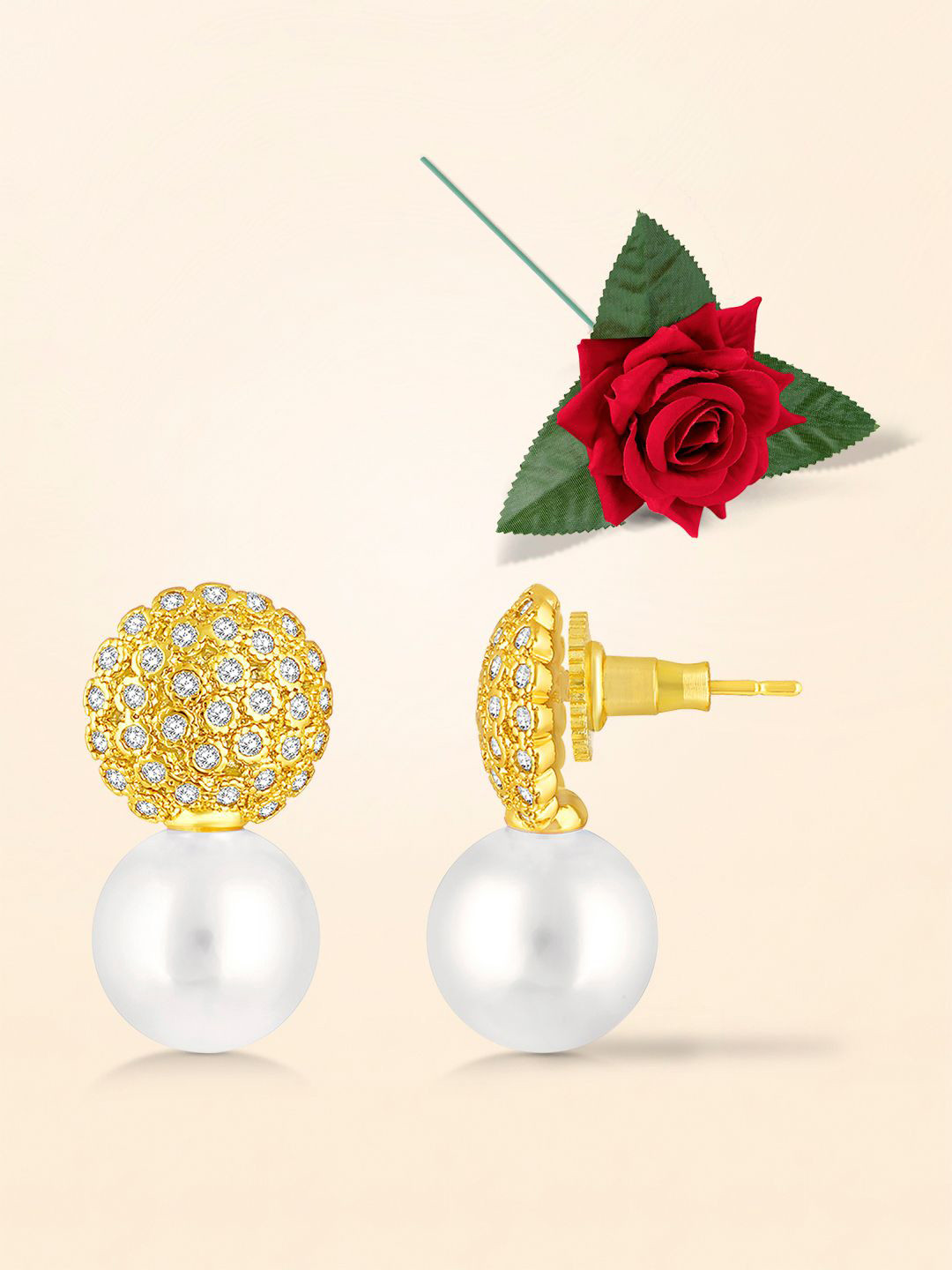 Peora Gold-Plated CZ Studded & Pearls Beaded Circular Drop Earrings With Red Rose Box