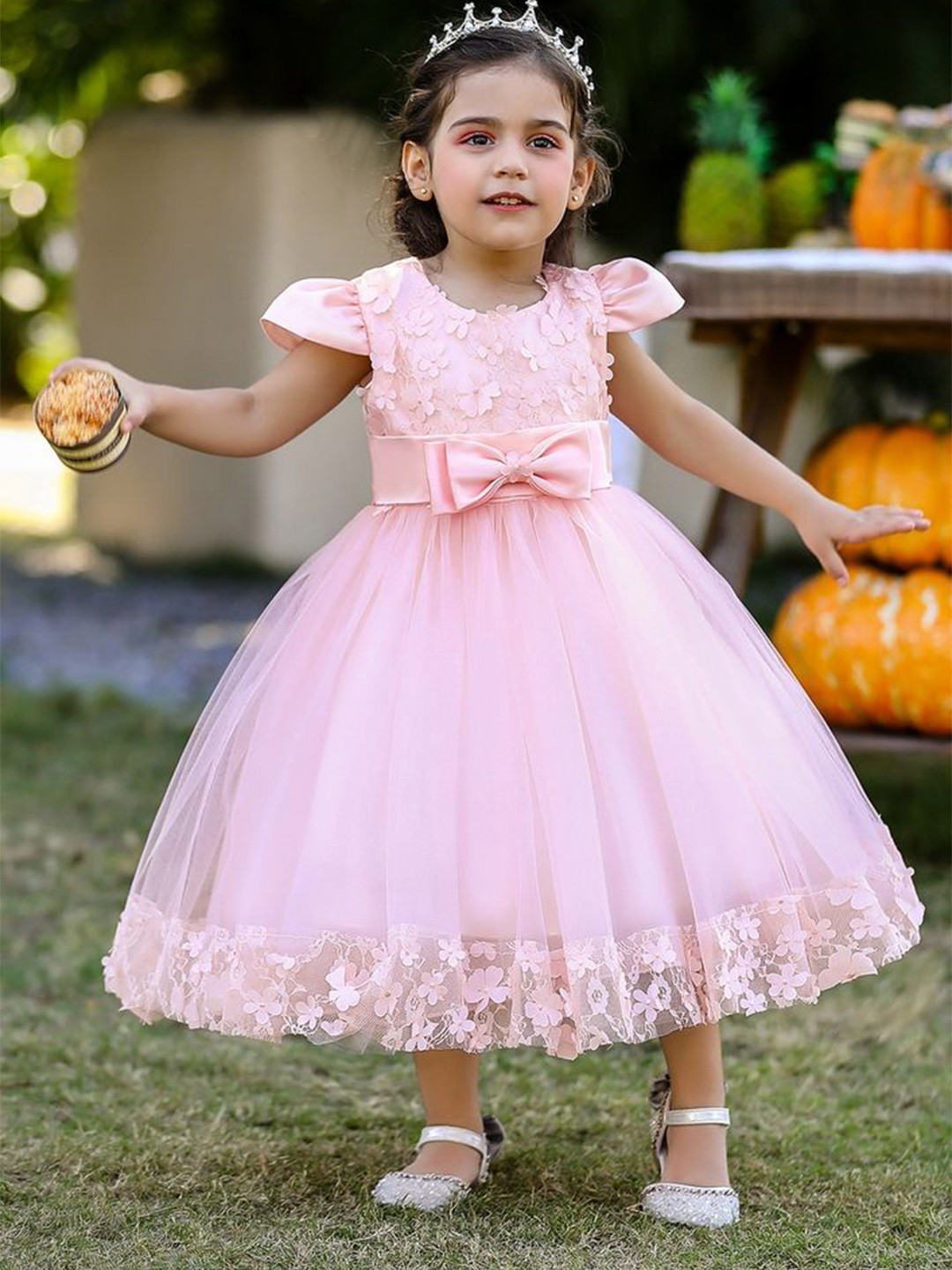 LULU & SKY Girl Floral Applique Self Design Bow Detail Tulle Gown Dress