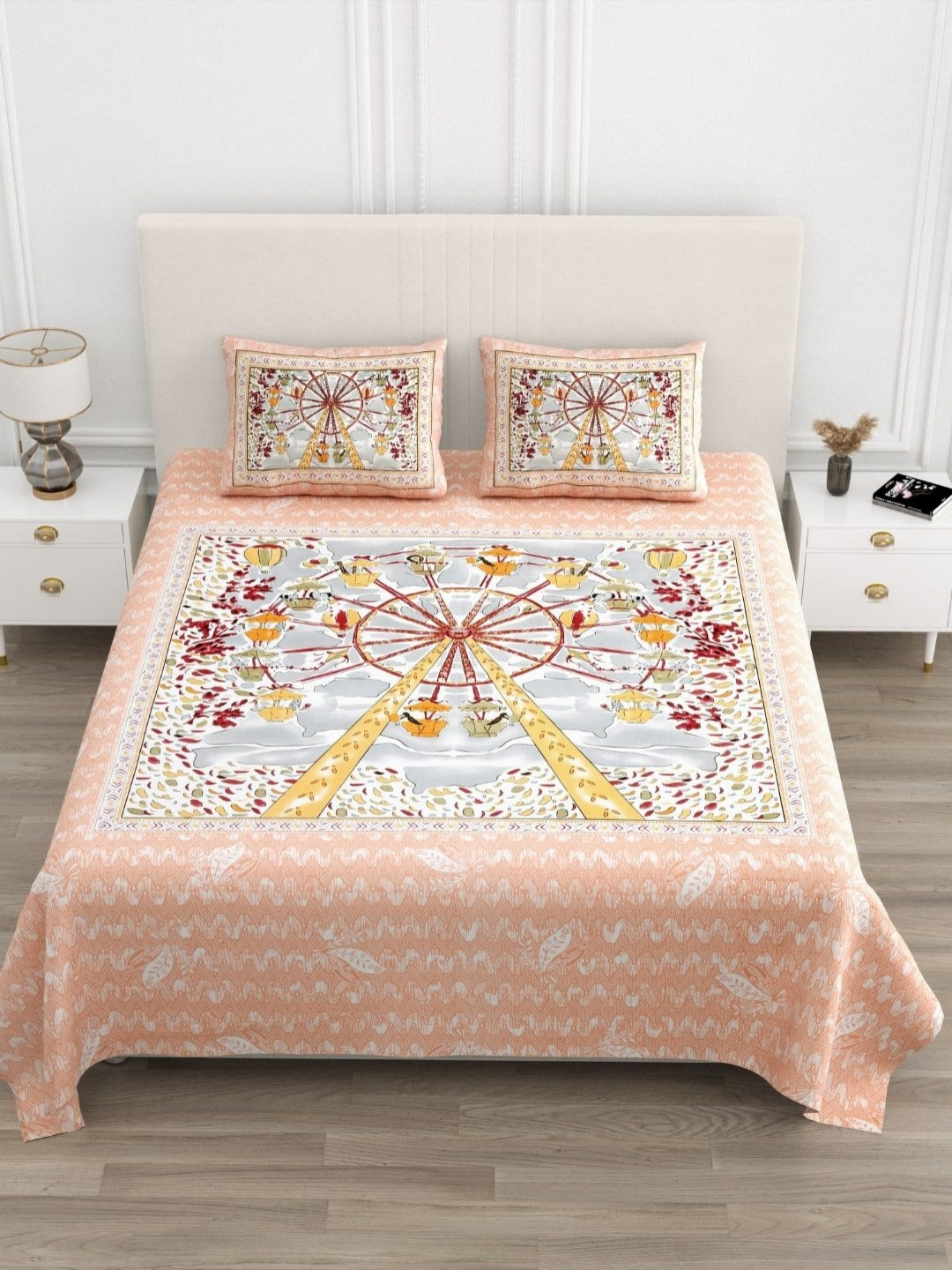 BED-SHEET.COM Circus Peach Floral Cotton 210 TC King Fine Bedsheet with 2 Pillow Covers-254 x 274 inches