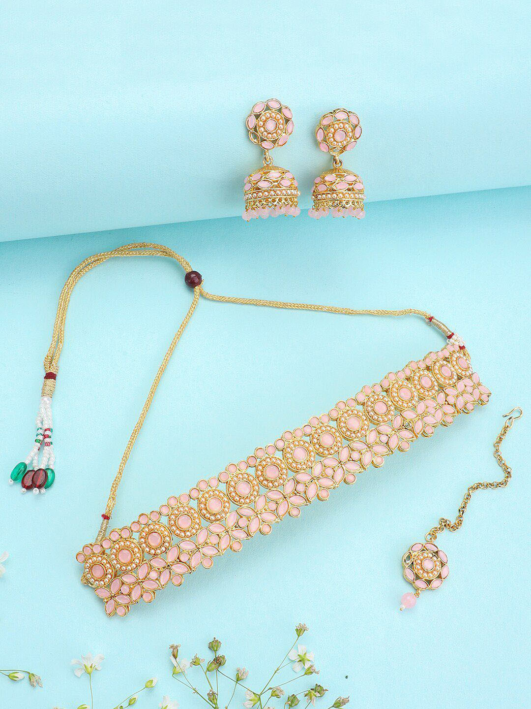 Anouk Gold-Plated Stone-Studded & Beaded Necklace And Earrings Wiyh Maang Tikka