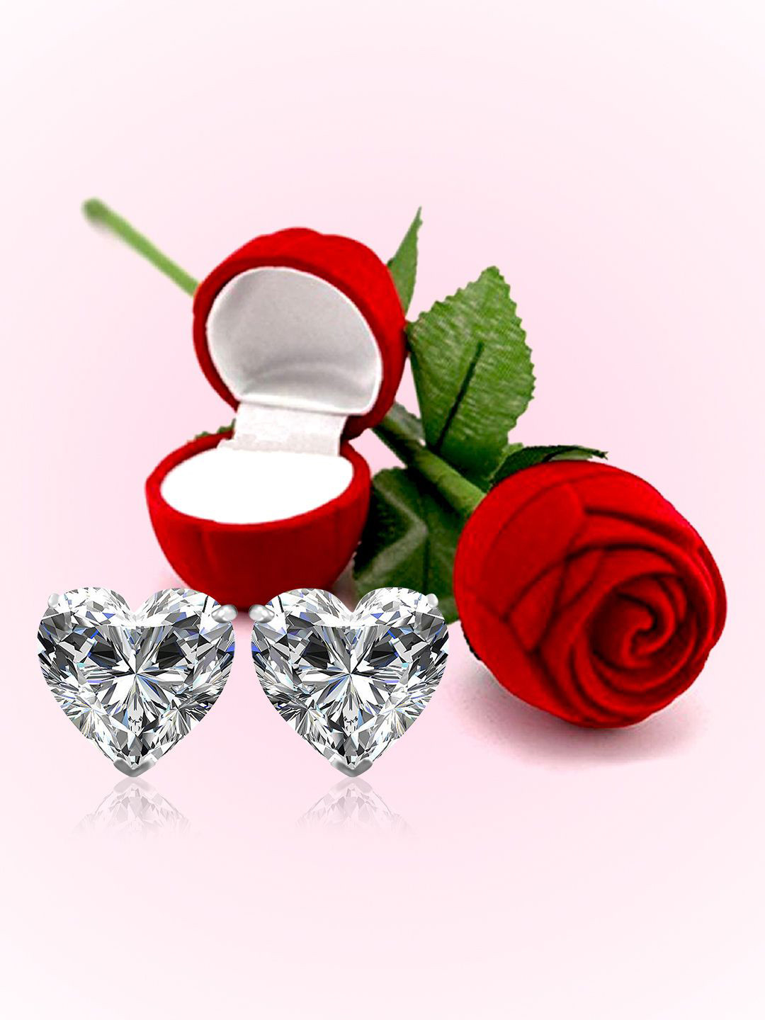 Peora Silver-Plated Cubic Zirconia Studded Heart Shaped Studs With Rose Jewellery Box