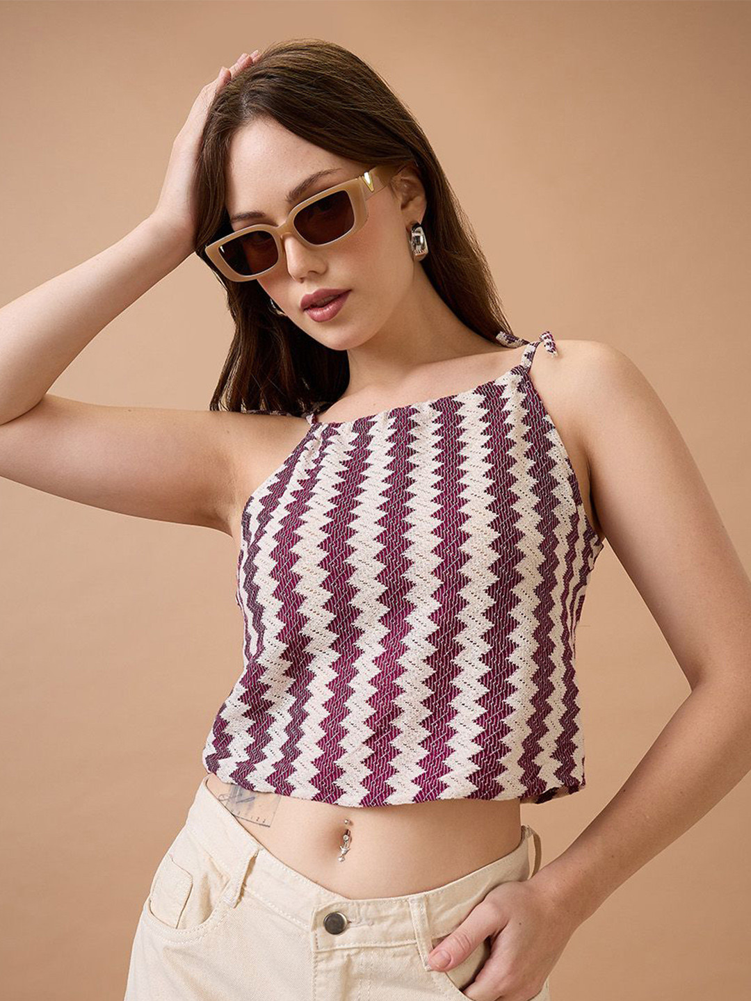 Globus Square Neck Tie-Up Strappy Shoulder Self Design Crochet Crop Top