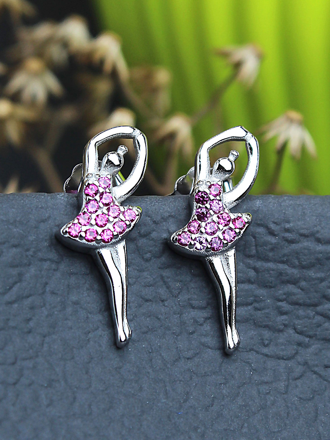 DEVASHREE 925 Sterling Silver Rhodium-Plated CZ Studded Ballet Dancing Girl Studs