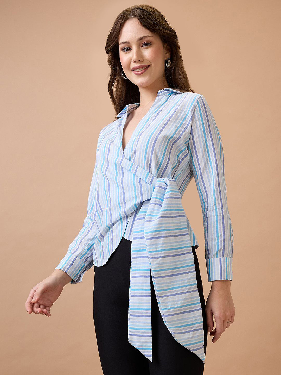 Globus Vertical Stripes Cuffed Sleeves Shirt Collar Wrap Waist Tie-Up Workwear Top