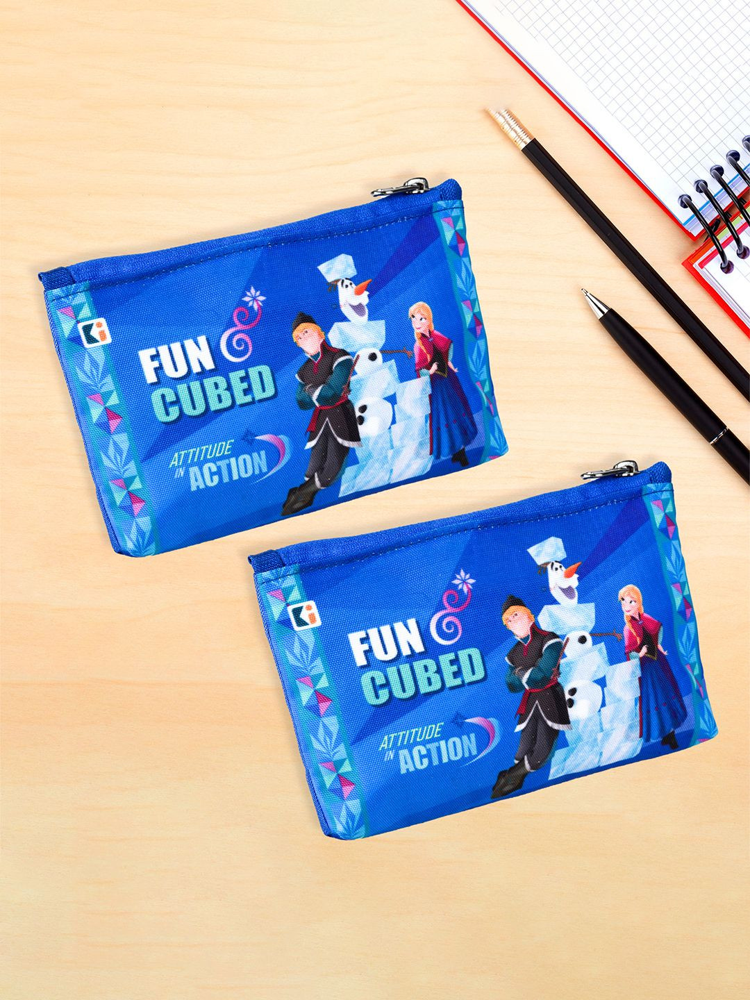 Kuber Industries Blue & White Pack of 2 Disney-Frozen Square Zipper Pencil Pouch for Kids