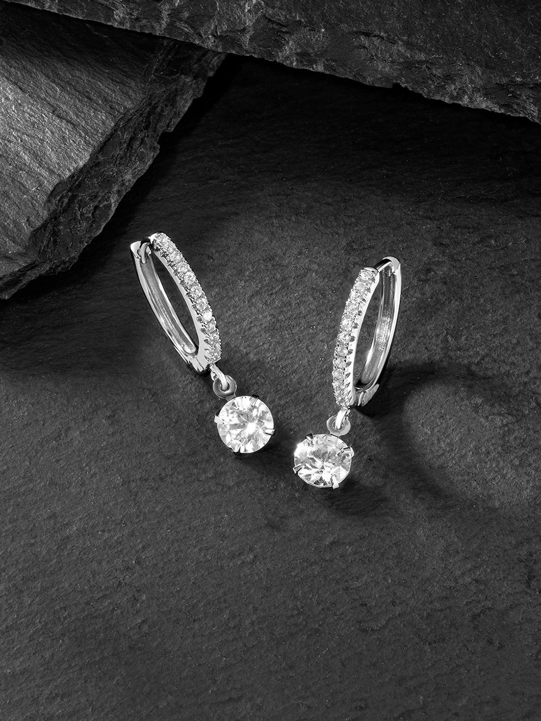 Peora Silver-Plated Crystal Stones Studded Hoop Earrings With Red Rose Gift Set