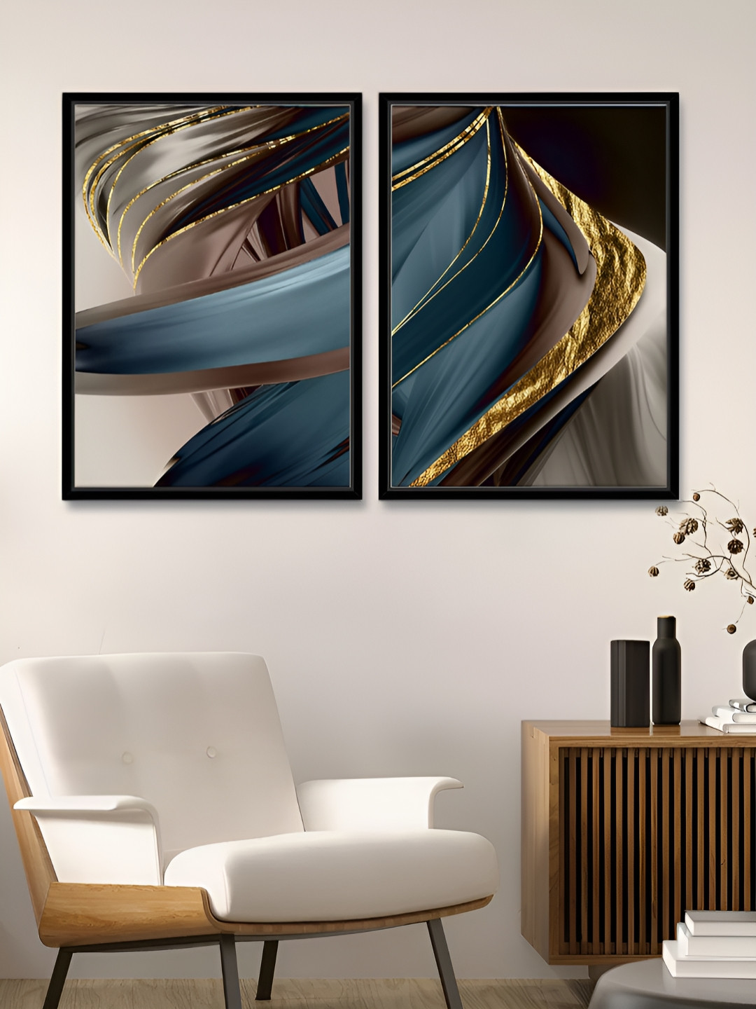 Myntra Elegant Homes Tela plumas de luxo Brown & Blue 2 Piece Printed Canvas Wall Art