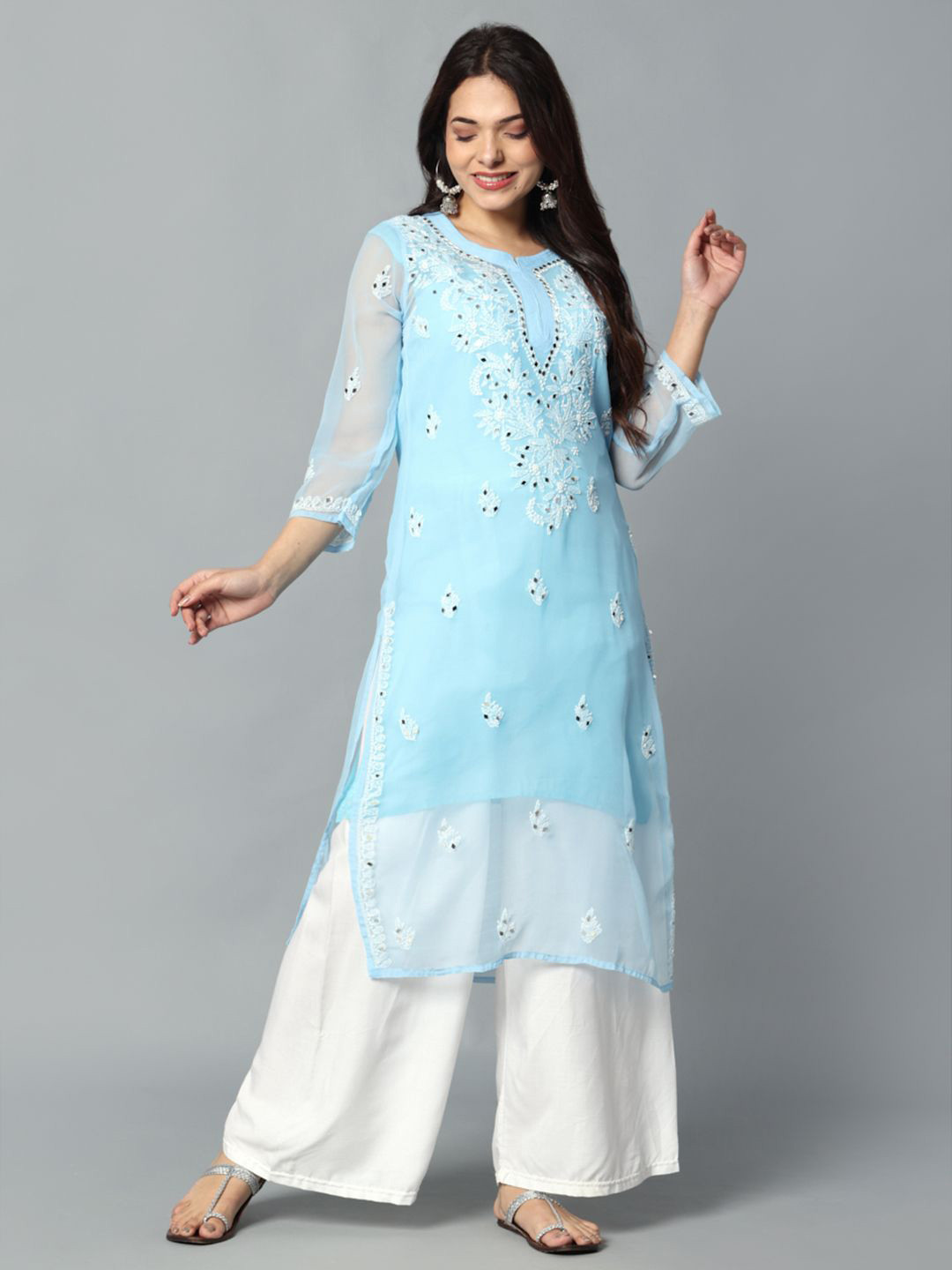 Fashionable Chikan Handikraft Floral Embroidered Mirror Work Straight Kurta With Camisole