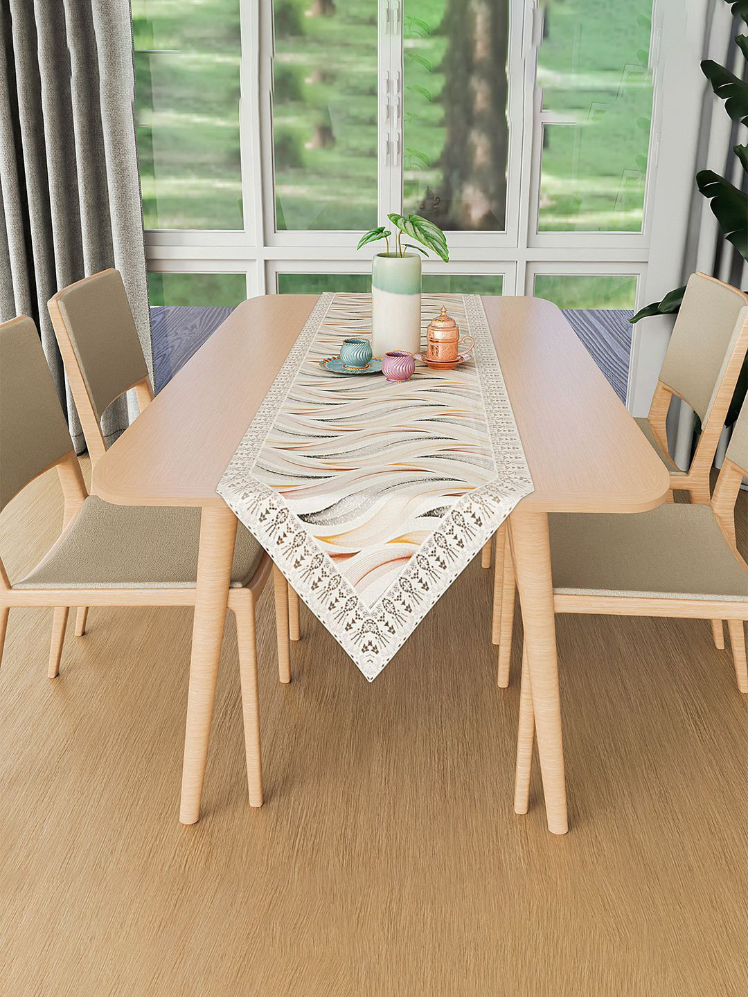 Kuber Industries Cream-Colored & Grey Wave Printed Table Runner