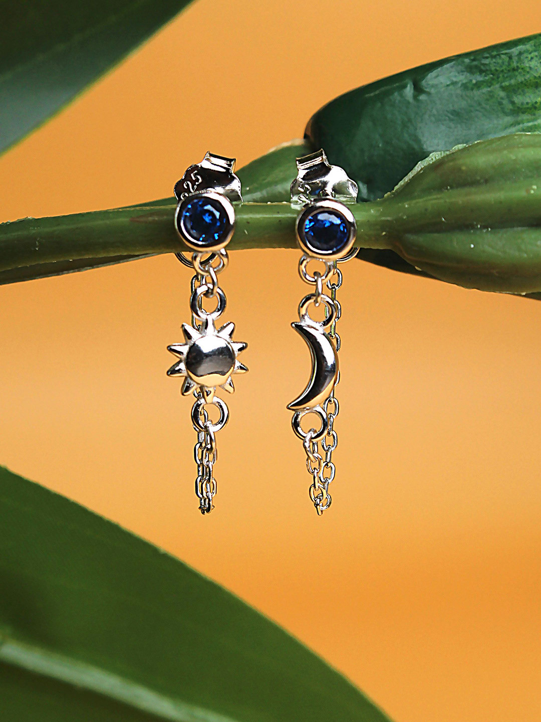 DEVASHREE 925 Silver Sapphire CZ Studded Moon & Sun Quirky Shaped Drop Earrings