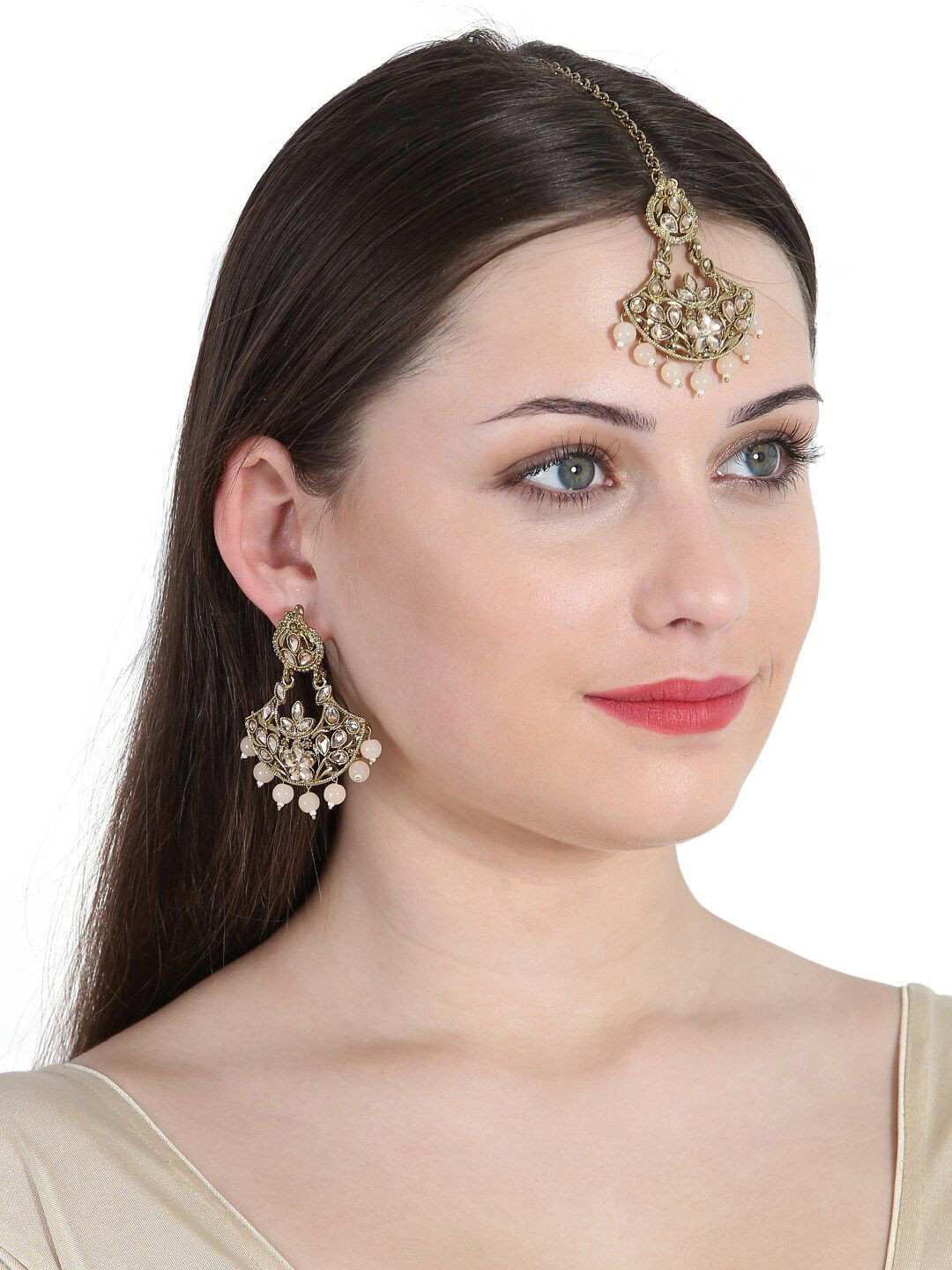 Anouk Pink Gold Plated Kundan Stones Studded & Pearl Beaded Jewellery Set