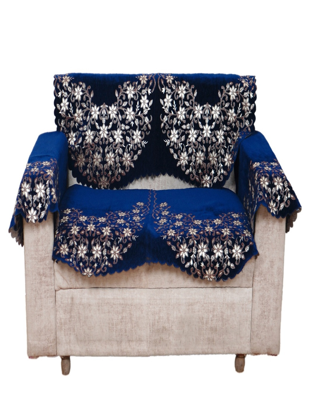 Fashion Throw Navy Blue & White 4 Pieces Printed Jacquard 2 Seater Sofa Cover With Arms