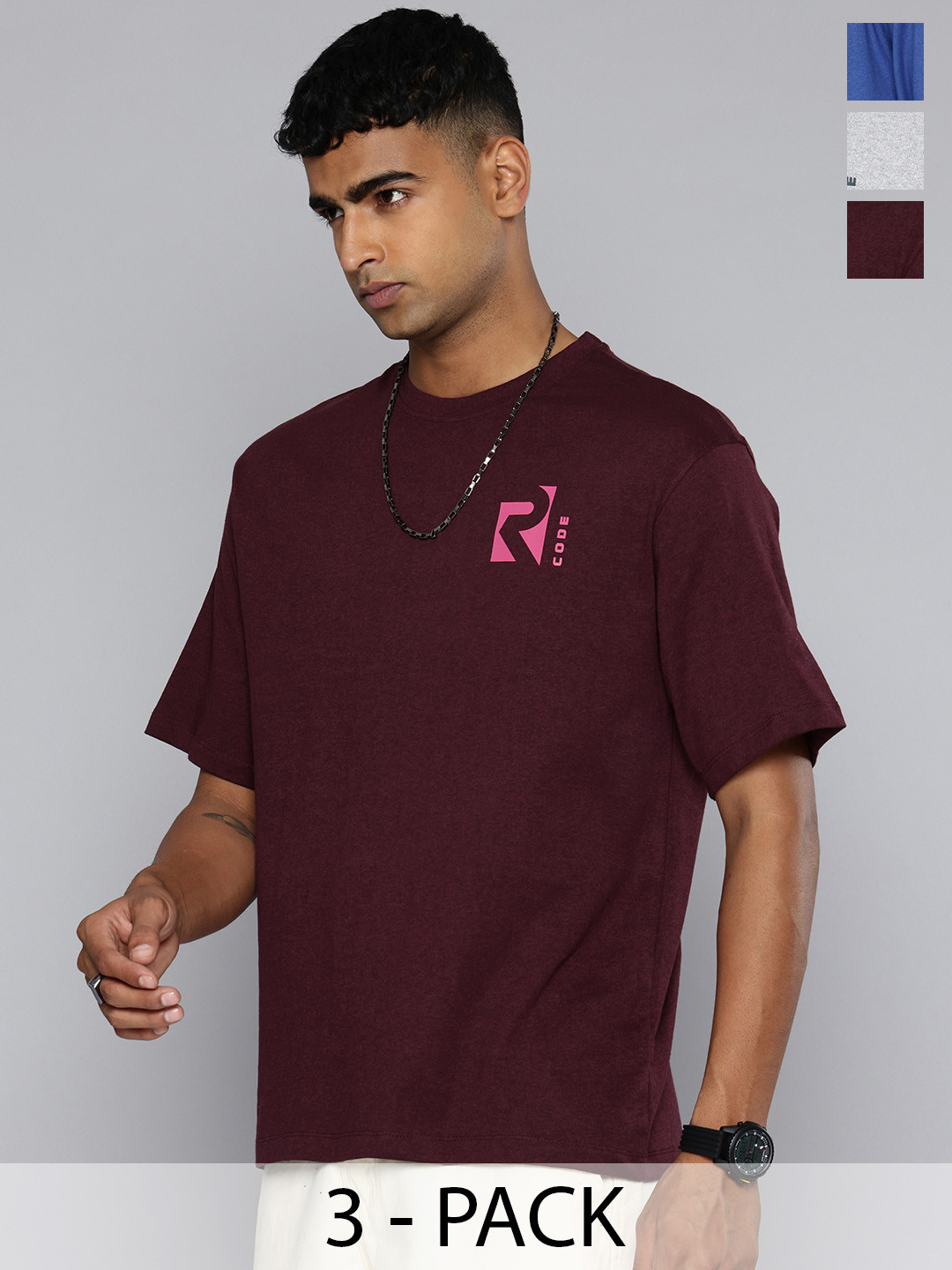 R.Code by The Roadster Lifestyle Co. Men Pack Of 3 Solid Cotton Relaxed Fit T-shirts