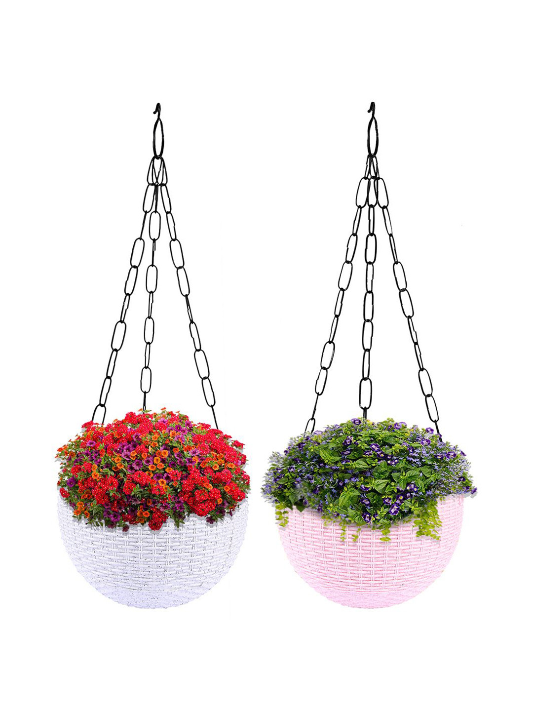 Kuber Industries White & Pink 2 Pieces Textured Round Marble Euro Hanging Planters