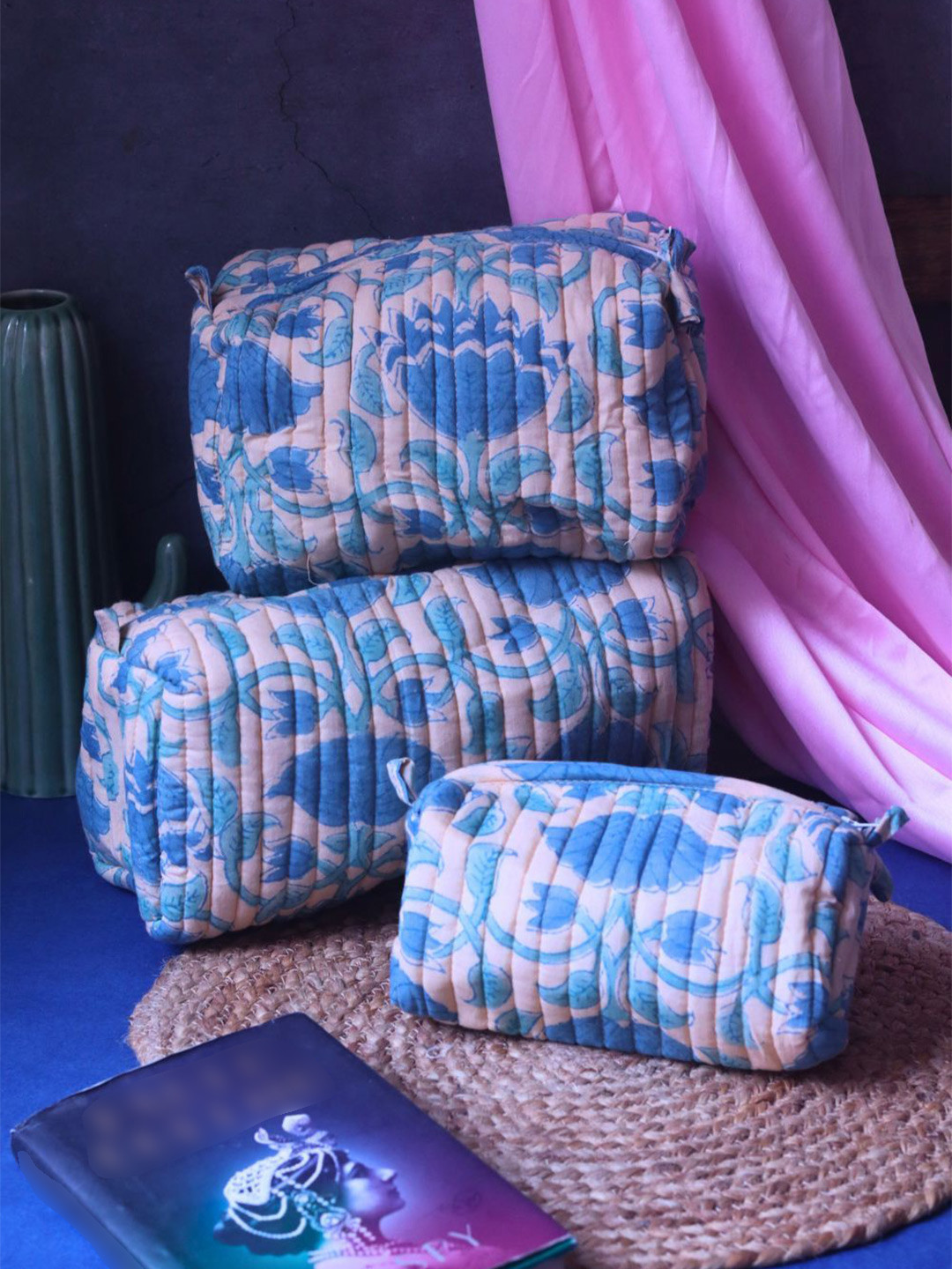 WEAVING HOMES Turquoise Blue Set of 3 Aqua Magic Toiletry Bags