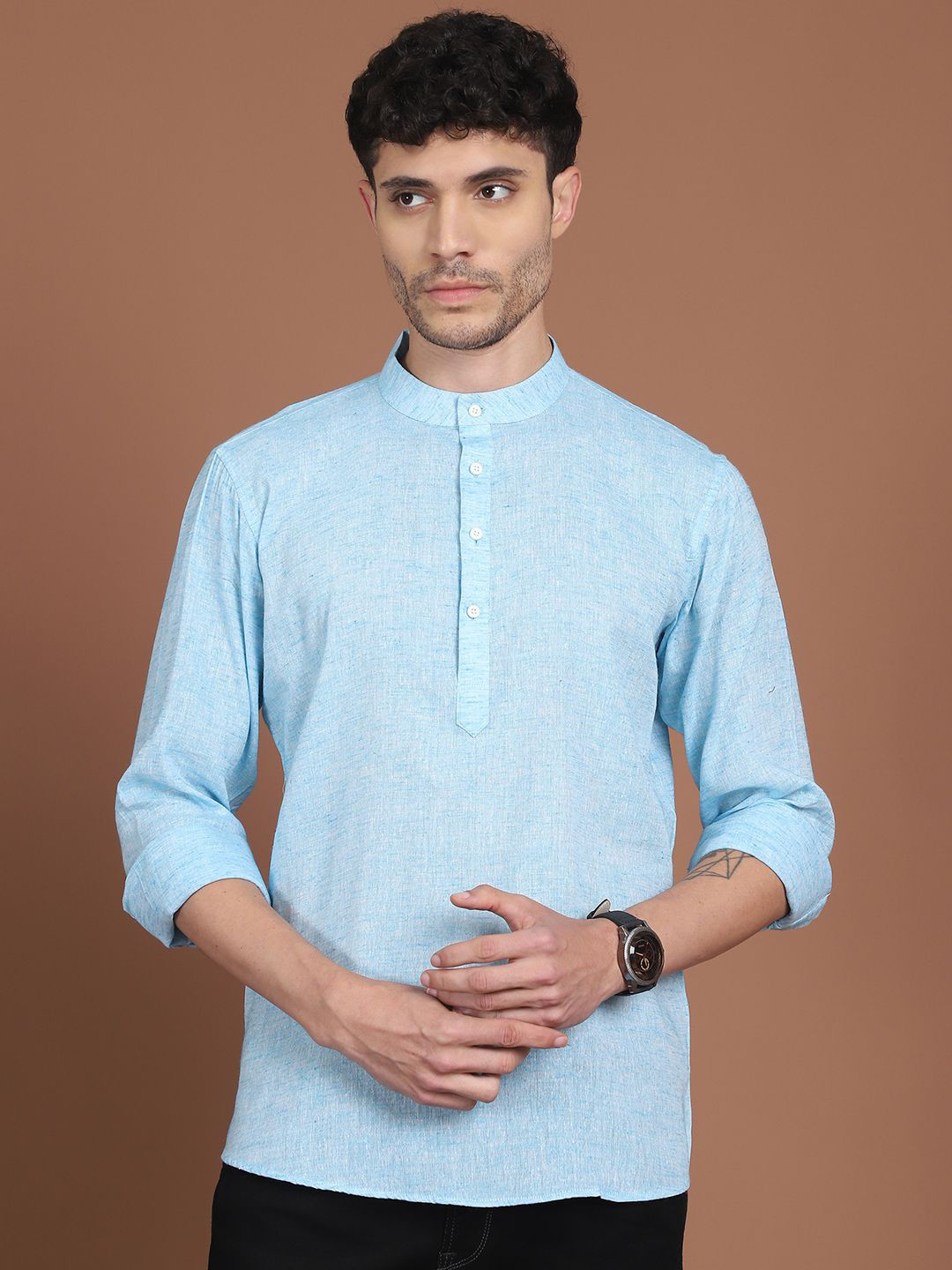 Anouk Sky Blue Band Collar Pure Cotton Short Kurta