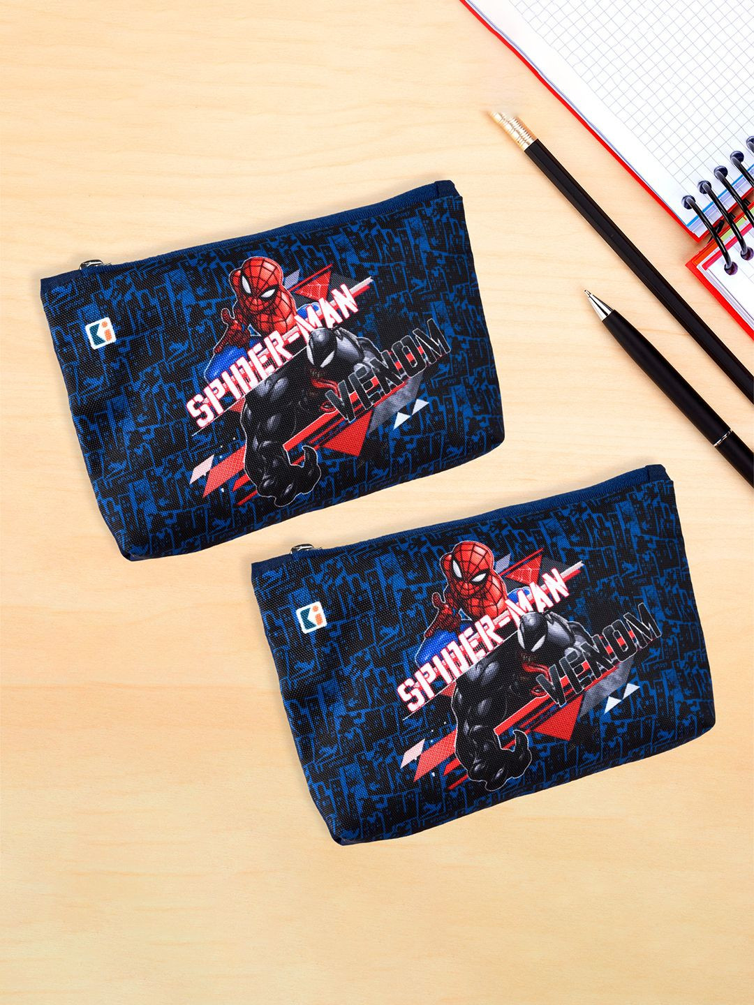 Kuber Industries Navy Blue & Red Pack of 2 Marvel Spider-Man Square Zipper Pencil Pouch