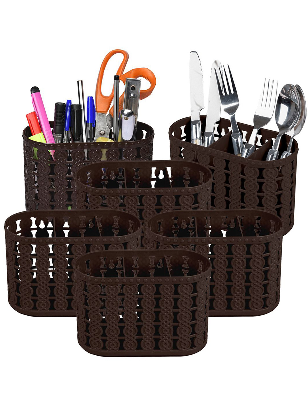Kuber Industries Brown Pack of 6 Self Design Stationery Organizer With 3 Compartments