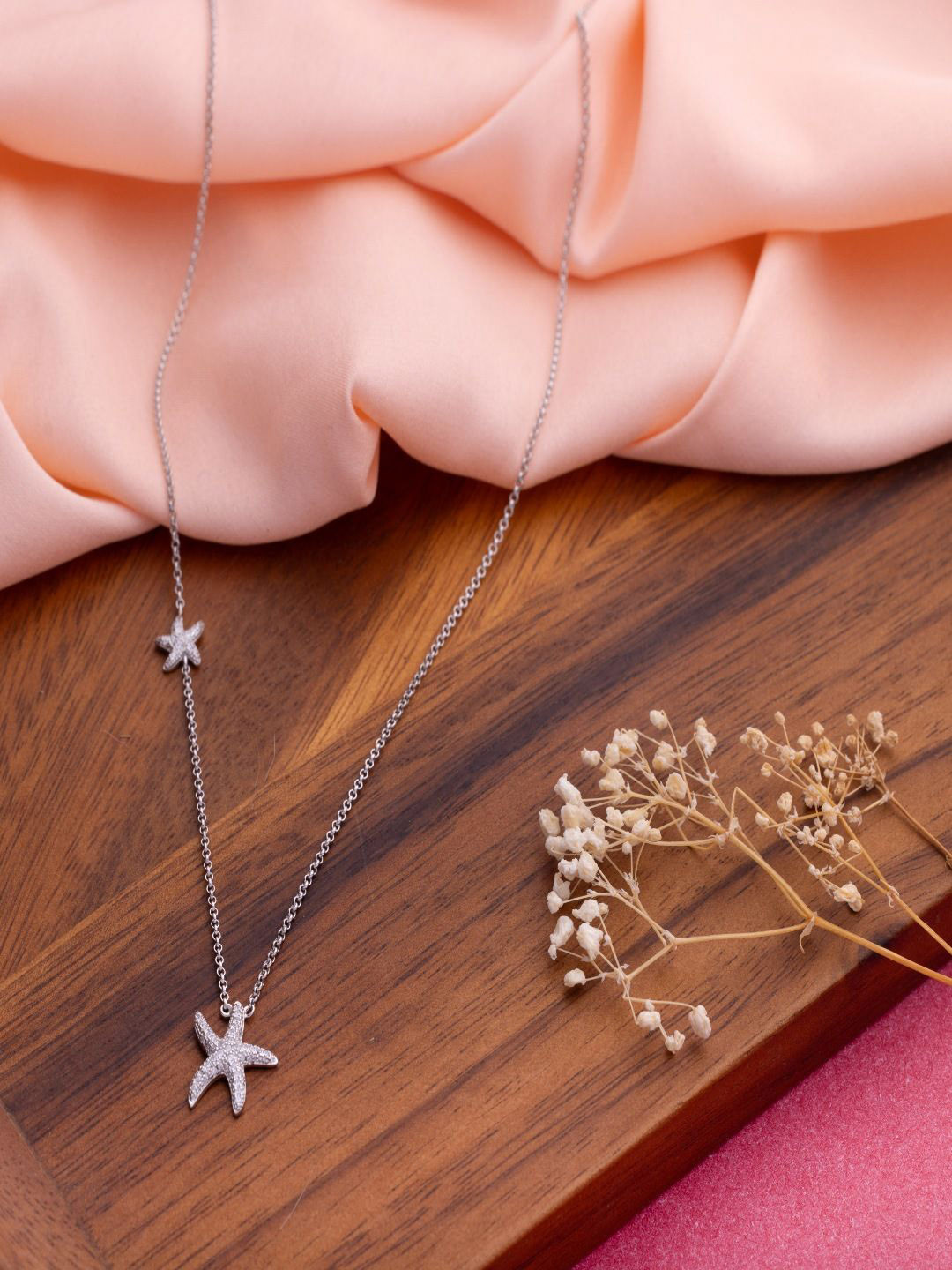 LIORA 925 Silver Jewellery Sterling Silver Rhodium Plated Dual Star Pendant with Chain