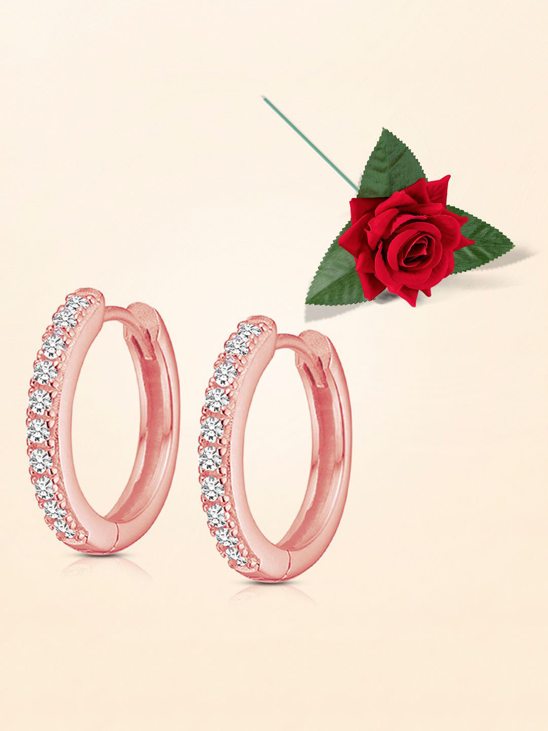 Peora Rose Gold Plated Cubic Zirconia Stone Studded Hoop Earrings With One Rose