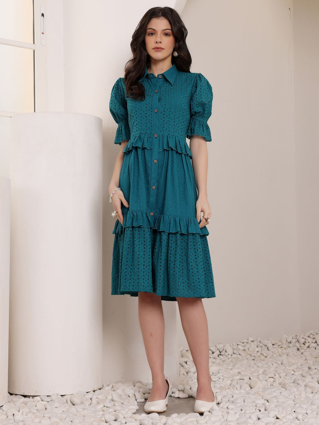 all about you Schiffli & Ruffled Details Cotton Fit & Flare Dress