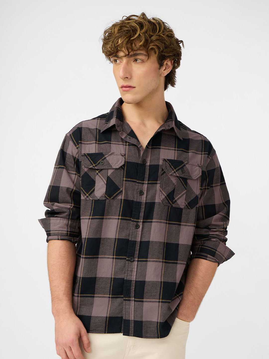 The Souled Store Men Windowpane Checks Opaque Checked Casual Shirt
