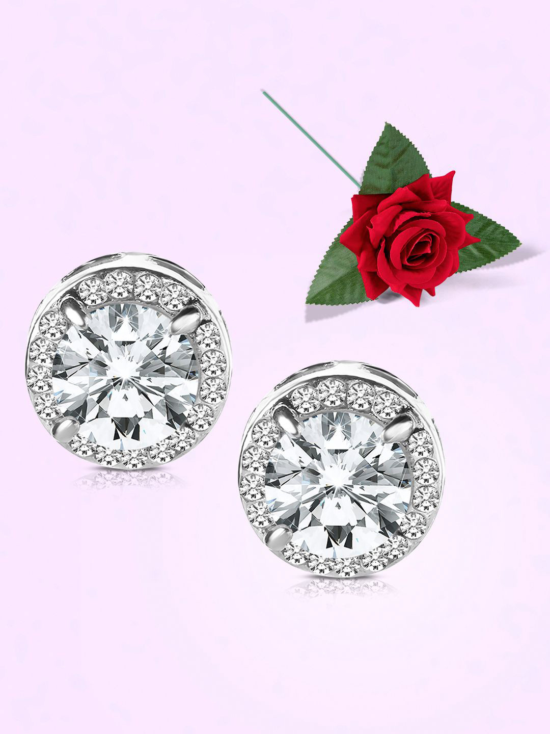 Peora Silver-Plated Cubic Zirconia Studded Circular Studs With Rose