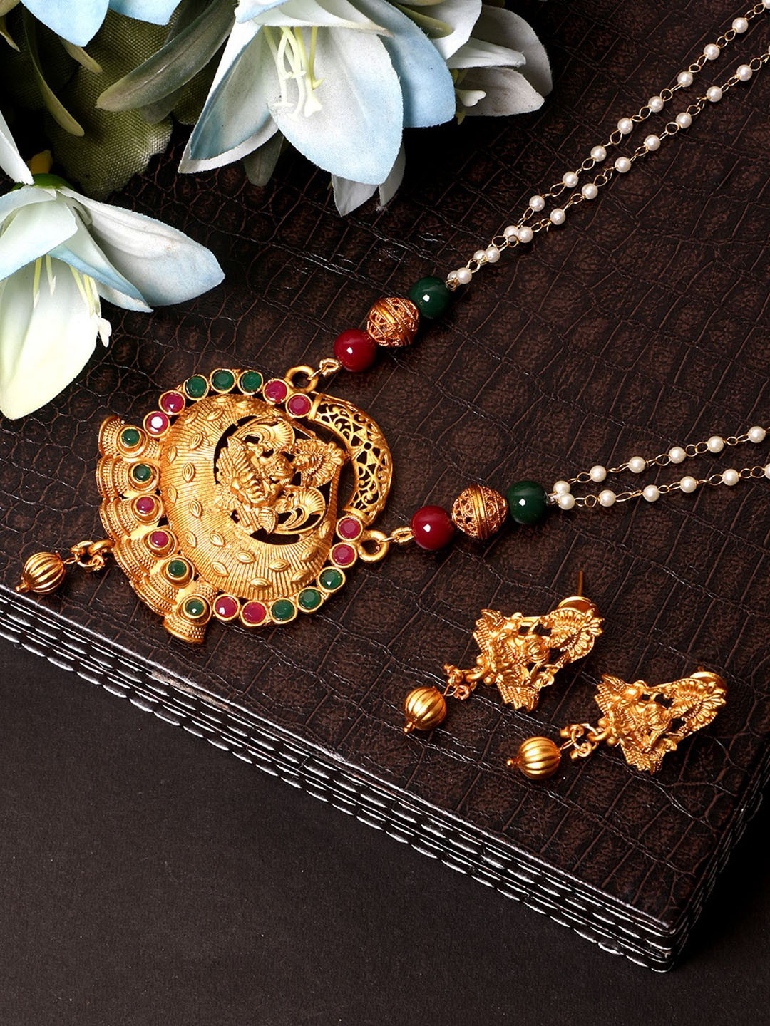 Anouk Gold Plated And Red Stones Studded & Beaded Goddess Maa Laxmi Necklace And Earrings