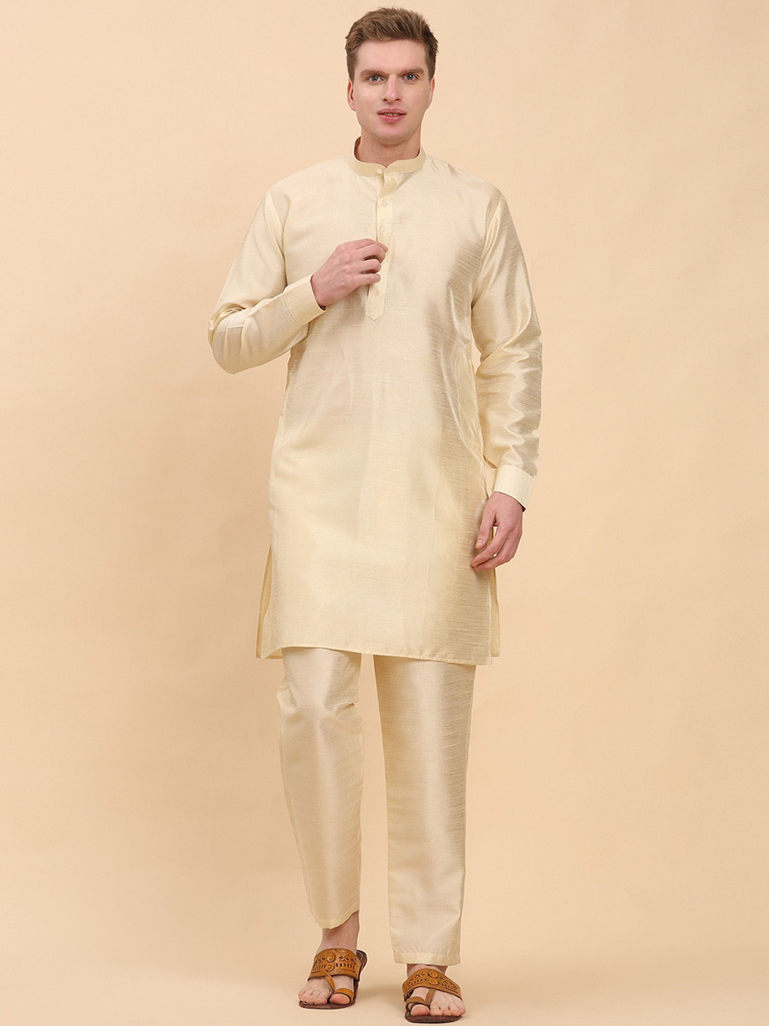 Pro-Ethic STYLE DEVELOPER Mandarin Collar Sequinned Pure Silk Kurta with Trousers & Jacket