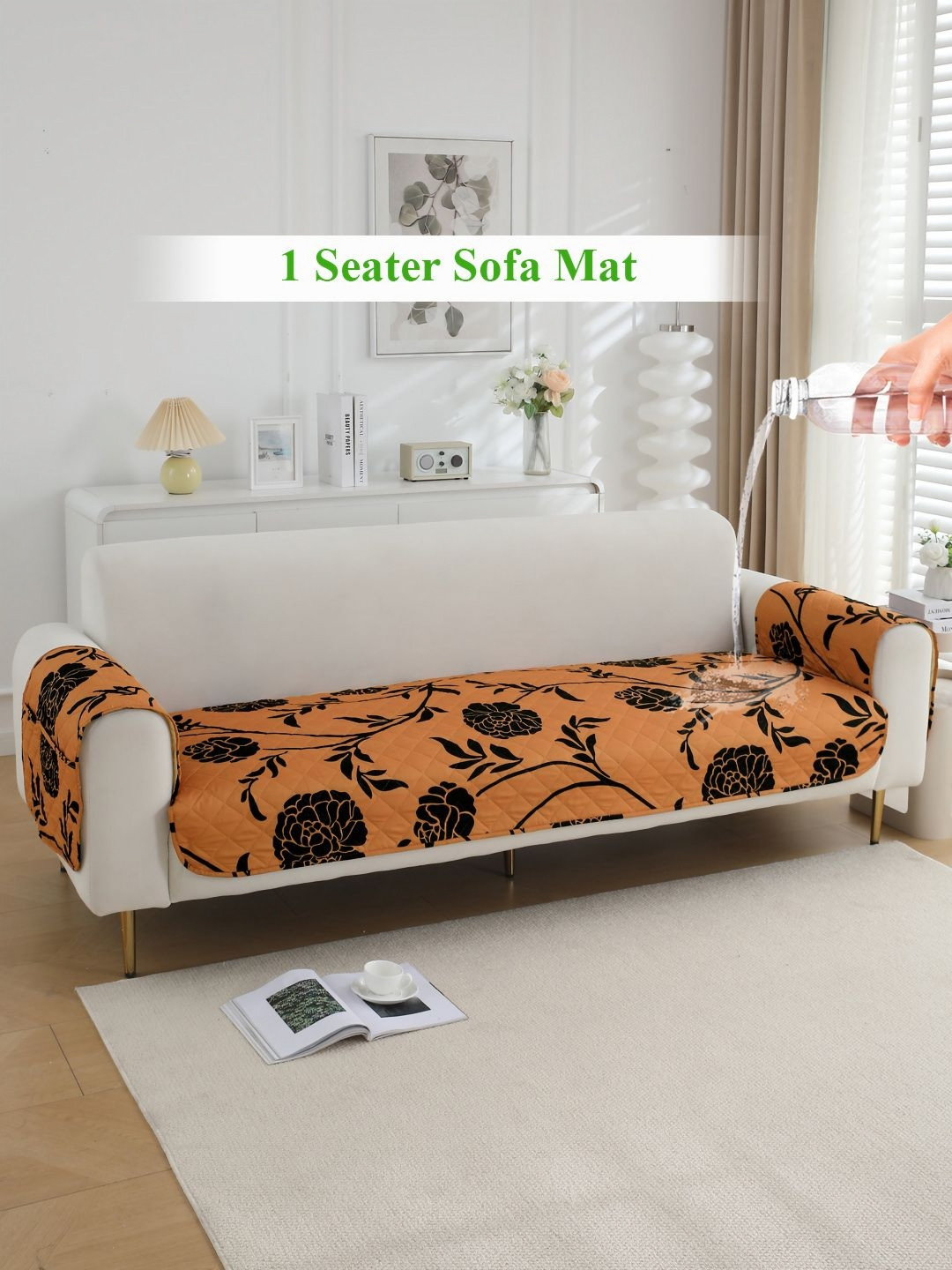 HOKIPO Copper-Toned Printed Waterproof 1 Seater Sofa Cover & 2 Armrest Covers With Pockets