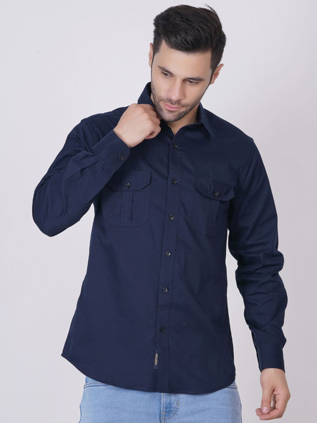 ASHTOM Men Standard Fit Spread Collar Solid Cotton Casual Shirt